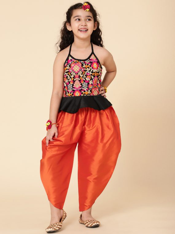 Red Flower Printed Mirrow Work Peplum Top With Dhoti Pant Set  VIDEER  FASHION