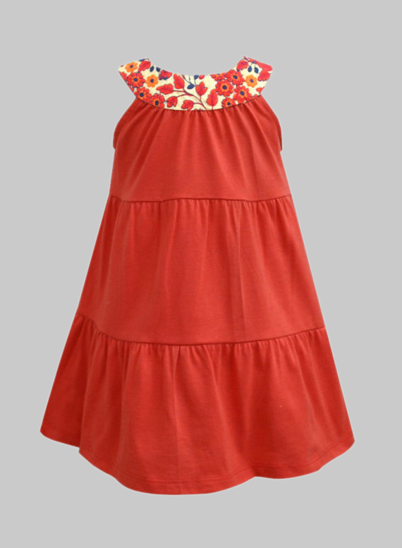 Mini Daisy Embroidered Red Yoke Dress - A.T.U.N.