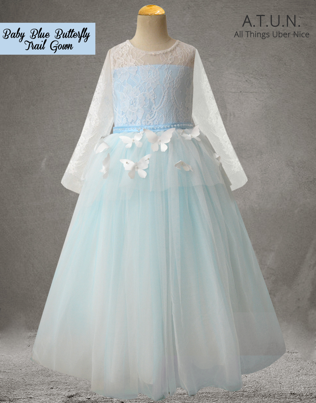 Sky Blue Soft Butterfly Net Sequence Work Long Gown