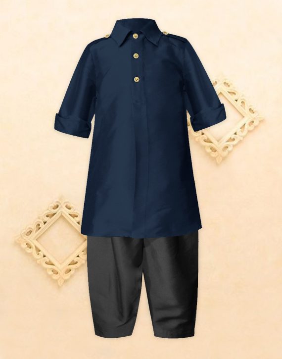 Black Dupion Silk Kids Pathani Suit 216232