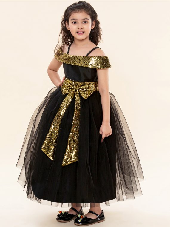 girls stylish bollywood net sequen black gown dress