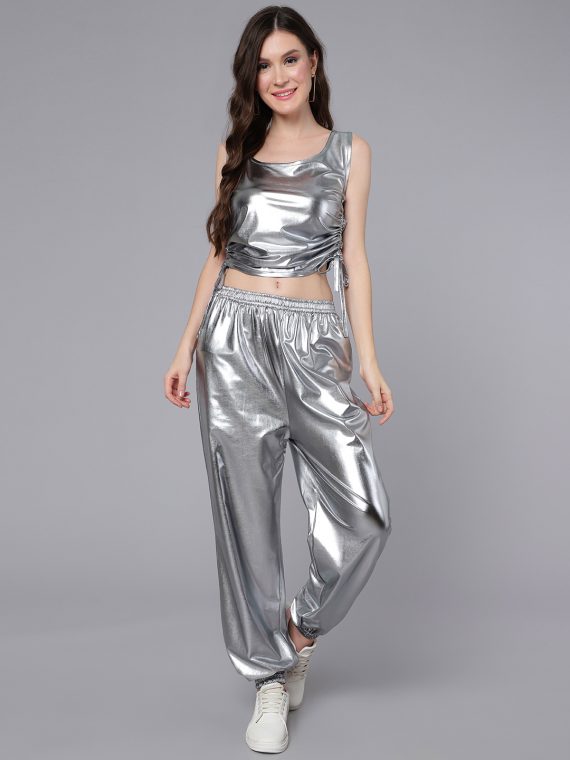 Silver Metallic Top & Joggers Women's Co-Ord Set