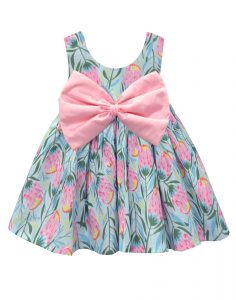 Blue floral with Pink Bow Dress