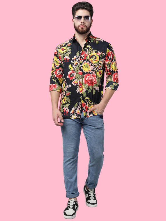 Mens black cheap floral dress shirt