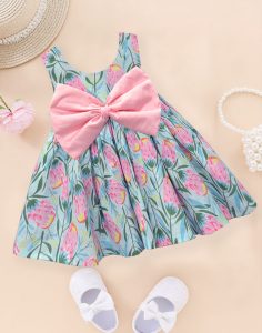 Blue floral with Pink Bow Dress