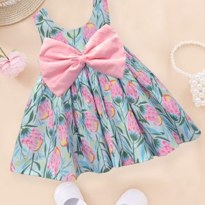 Blue floral with Pink Bow Dress