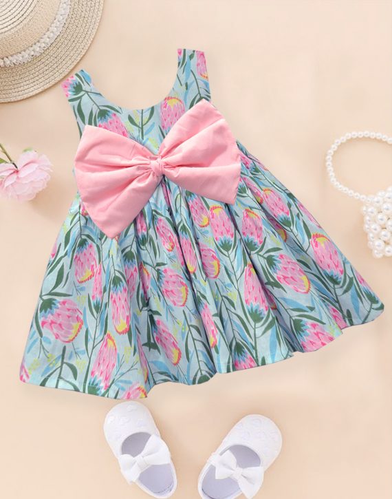 Blue floral with Pink Bow Dress