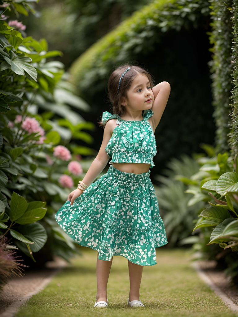 Girls Maroon Cotton Floral Top & Skirt Set main image 0